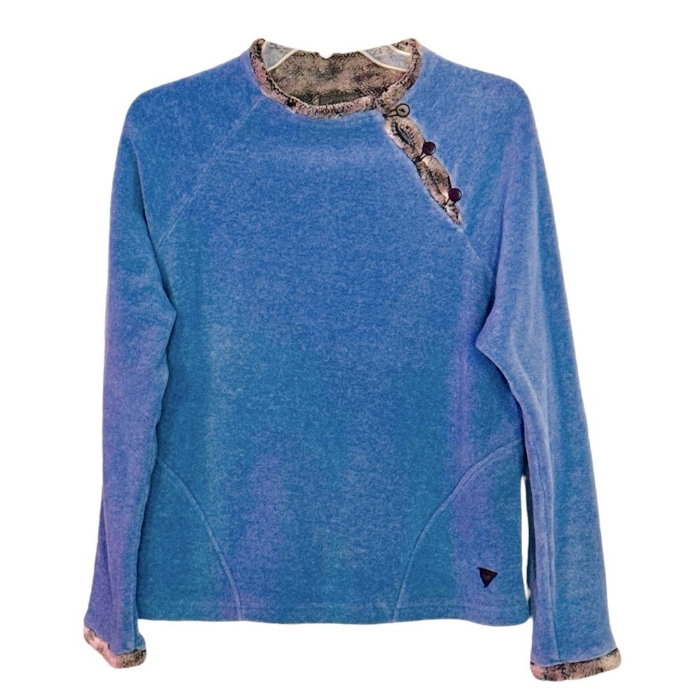 Wooly Bully Wear Size Large Blue Fleece Gray Fur Trim Diagonal Button Pullover